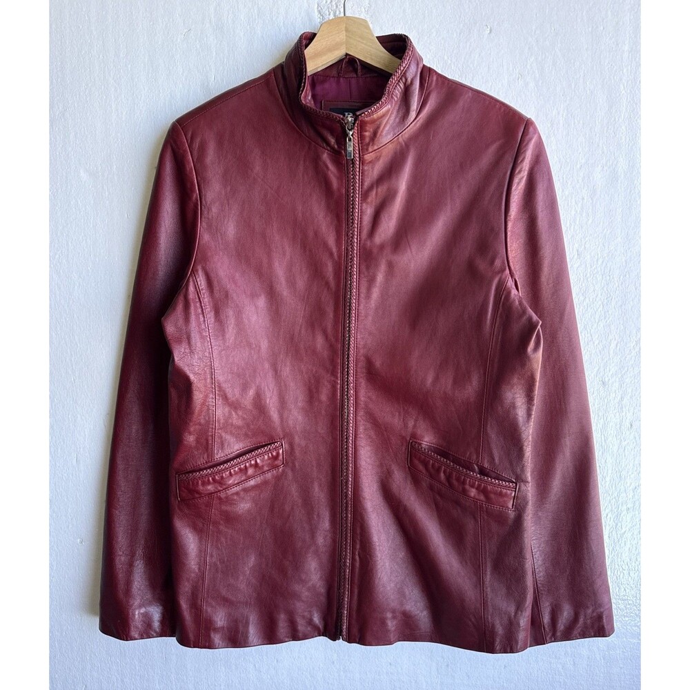 Pasha & Jo Red Leather Full Zip Moto Jacket Mock Neck Women’s Medium Outdoor